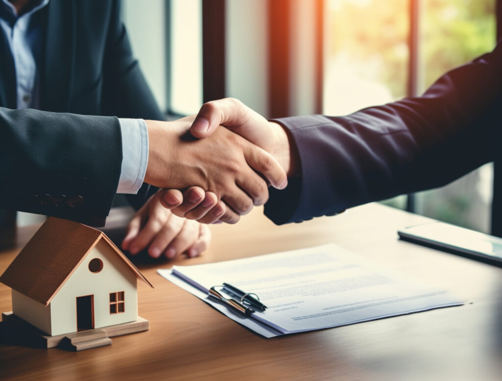 Real estate professionals finalizing a property transaction with signed documents and client coordination support